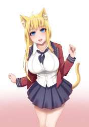 Rule 34 | 1girl, absurdres, ahoge, animal ears, blazer, blonde hair, blue eyes, breasts, cat ears, collared shirt, fantasy, highres, jacket, large breasts, leaning forward, long hair, long sleeves, looking at viewer, neckerchief, open clothes, open jacket, open mouth, original, pleated skirt, rinko riban, school uniform, self-upload, shirt, simple background, skirt, smile, solo, standing, tail, uniform, white shirt