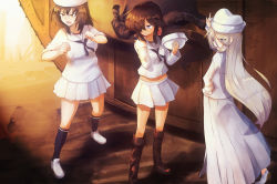 Rule 34 | 10s, 3girls, :o, blonde hair, blue eyes, blue legwear, boots, brown hair, cape, clenched hands, contrapposto, day, dixie cup hat, expressionless, eyes visible through hair, fighting stance, flint (girls und panzer), full body, girls und panzer, hair over one eye, hand on headwear, hand on own hip, hat, unworn hat, unworn headwear, highres, holding, holding clothes, holding hat, jinguu (4839ms), knee boots, kneehighs, long hair, long skirt, long sleeves, looking to the side, mark iv tank, midriff, military, military hat, military vehicle, motor vehicle, multiple girls, murakami (girls und panzer), navel, neckerchief, ogin (girls und panzer), ooarai naval school uniform, open mouth, outdoors, pleated skirt, sailor collar, school uniform, shadow, short hair, short sleeves, skirt, sleeves pushed up, socks, standing, tan, tank, very long hair, white footwear, white skirt, yellow eyes