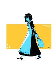 Rule 34 | 1girl, apron, bag, black hair, carrot, collared dress, commentary, dress, english text, full body, highres, long skirt, looking at viewer, maid, maid apron, miharu (cgsky), original, shoes, shopping bag, short hair, skirt, solo, standing