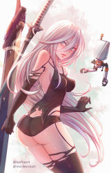 Rule 34 | 1girl, android, armlet, ass, bare shoulders, black gloves, black shorts, black tank top, black thighhighs, blue eyes, breasts, collarbone, elbow gloves, gloves, highres, impossible clothes, joints, leofoxart, long hair, nier (series), nier:automata, parted lips, pod (nier:automata), robot joints, short shorts, shorts, tank top, thighhighs, twitter username, very long hair, virtuous contract, white hair, a2 (nier:automata)