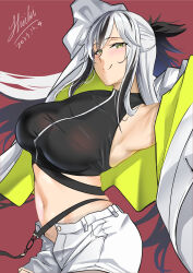 Rule 34 | 1girl, absurdres, bare shoulders, belt, black hair, black shirt, breasts, coat, cropped shirt, fate/grand order, fate (series), green coat, green eyes, hair between eyes, highres, large breasts, long hair, long sleeves, looking at viewer, midriff, multicolored coat, multicolored hair, nagao kagetora (fate), navel, open clothes, open coat, shiki (love-saber), shirt, shorts, sidelocks, sleeveless, sleeveless shirt, solo, two-tone coat, two-tone hair, very long hair, white hair, white shorts