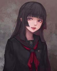Rule 34 | 1girl, bad id, bad pixiv id, black hair, blush, fangs, hime cut, jname, long hair, long sleeves, looking at viewer, neckerchief, original, parted lips, red eyes, red neckerchief, smile, solo, teeth, upper body