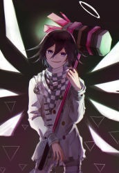 Rule 34 | :d, buttons, checkered clothes, checkered scarf, commentary, contrapposto, cowboy shot, danganronpa (series), danganronpa v3: killing harmony, double-breasted, hair between eyes, hammer, highres, holding, holding hammer, holding weapon, jacket, kitsunebi v3kokonn, long sleeves, looking at viewer, male focus, open mouth, oma kokichi, pants, purple eyes, purple hair, scarf, short hair, smile, solo, standing, straitjacket, weapon, white jacket, white pants