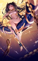 Rule 34 | 1girl, anklet, armlet, asymmetrical legwear, asymmetrical sleeves, bare shoulders, black hair, breasts, detached collar, earrings, elbow gloves, fate (series), gloves, highres, hoop earrings, ishtar (fate), jewelry, long hair, looking at viewer, medium breasts, navel, neck ring, parted bangs, red eyes, rimuu, single elbow glove, single thighhigh, sitting, smile, solo, thighhighs, toeless legwear, two side up, uneven legwear, uneven sleeves
