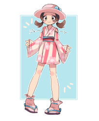 Rule 34 | 1girl, blue bow, blush stickers, bow, brown eyes, brown hair, closed mouth, clothing cutout, commentary request, creatures (company), floral print, full body, game freak, hat, hat bow, highres, japanese clothes, kimono, long hair, long sleeves, lyra (pokemon), lyra (summer 2020) (pokemon), nintendo, official alternate costume, pink hat, pokemon, pokemon masters ex, sandals, sash, senosuke (afyu3843), shoulder cutout, smile, solo, standing, twintails, wide sleeves, zouri