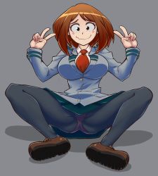 Rule 34 | 10s, 1girl, absurdres, ass, black pantyhose, blush stickers, boku no hero academia, breasts, brown eyes, brown hair, closed mouth, double v, full body, grey background, highres, large breasts, long sleeves, looking at viewer, necktie, panties, pantyhose, pantyshot, patrickdja, pleated skirt, school uniform, shoes, simple background, sitting, skirt, smile, solo, spread legs, underwear, upskirt, uraraka ochako, v, wavy mouth