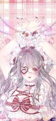 Rule 34 | 1girl, animal ears, arms up, barcode, bare arms, bare shoulders, bcy username, bell, bound, bound wrists, bow, bowtie, brown hair, bud, cat ears, chain, chinese commentary, choker, commentary request, eyelashes, eyepatch, floral background, flower, frilled bowtie, frilled choker, frilled wrist cuffs, frills, hair bow, hair ornament, hairclip, heart, heart eyepatch, heart in eye, highres, lace-trimmed bow, lace trim, light blush, light smile, lipstick, long hair, looking at viewer, makeup, mioda xi, nail polish, neck bell, original, parted lips, pink flower, pink rose, plaid, plaid background, red background, red bow, red bowtie, red choker, red eyes, red lips, red nails, rose, shibari, simple background, single sidelock, solo, striped bow, striped bowtie, striped clothes, symbol in eye, teeth, upper body, upper teeth only, wavy hair, weibo logo, weibo watermark, white headdress, white wrist cuffs, wrist bow, wrist cuffs