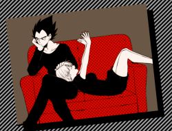 Rule 34 | 1boy, 1girl, :d, black dress, black eyes, black hair, black pants, black shirt, black theme, bulma, couch, couple, dragon ball, dragonball z, dress, framed, grey background, hand on own cheek, hand on own face, happy, head rest, hetero, crossed legs, long sleeves, looking away, looking up, monochrome, nail polish, on lap, open mouth, outstretched arms, pants, red nails, red theme, rochiko (bgl6751010), serious, shirt, short hair, simple background, sitting, smile, spiked hair, vegeta, white theme