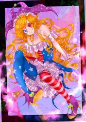 Rule 34 | 1girl, absurdres, adapted costume, american flag, american flag dress, american flag legwear, bare shoulders, bifrst, blonde hair, blue eyes, clownpiece, commentary request, crazy, crazy smile, dress, fairy, fairy wings, female focus, fire, flat chest, frilled dress, frills, full body, grin, hat, heterochromia, highres, jester cap, long hair, looking at viewer, nail polish, off-shoulder dress, off shoulder, pantyhose, pink fire, pointy footwear, polka dot, polka dot headwear, purple background, purple footwear, purple hat, red eyes, sharp teeth, shoes, sitting, smile, solo, strapless, strapless dress, teeth, torch, touhou, wings, wrist cuffs
