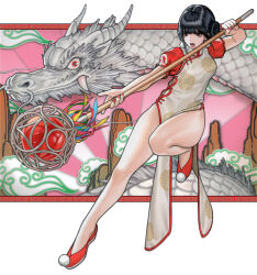 Rule 34 | 1girl, bare legs, black eyes, black hair, blunt bangs, breasts, china dress, chinese clothes, chinese commentary, commentary request, double bun, dragon, dress, eastern dragon, full body, hair bun, highres, holding, holding staff, leg up, nail polish, nizuma, open mouth, original, outside border, pom pom (clothes), puffy short sleeves, puffy sleeves, red footwear, red nails, shoes, short sleeves, side slit, small breasts, solo, staff, standing, standing on one leg, thighs, white dress, whorled clouds