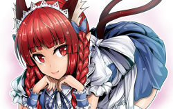 Rule 34 | 1girl, alternate costume, animal ears, apron, blue dress, blunt bangs, braid, cat ears, cat tail, dress, enmaided, extra ears, eyebrows, frills, head rest, kaenbyou rin, lips, maid, maid apron, maid headdress, multiple tails, nekomata, puffy short sleeves, puffy sleeves, red eyes, red hair, short dress, short sleeves, solo, tail, thighhighs, touhou, twin braids, two tails, white thighhighs, y2