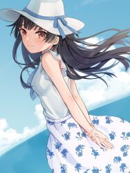 Rule 34 | 1girl, arms behind back, bare shoulders, belt, black hair, blue ribbon, blue shirt, blunt bangs, blush, bracelet, breasts, brown eyes, closed mouth, cloud, cloudy sky, day, dot nose, floral print, from side, hat, highres, holding own arm, idolmaster, idolmaster shiny colors, jewelry, loan danamo, long hair, looking at viewer, mayuzumi fuyuko, medium breasts, ocean, ribbon, shirt, skirt, sky, solo, straw hat, two side up, white belt, white skirt