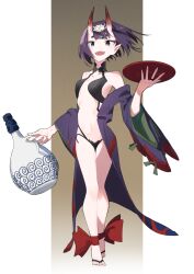 Rule 34 | 1girl, ankle ribbon, aoi (altea0923), bare shoulders, bob cut, bottle, breasts, collarbone, cup, eyeliner, fate/grand order, fate (series), full body, headpiece, highres, horns, japanese clothes, kimono, leg ribbon, long sleeves, looking at viewer, makeup, navel, off shoulder, oni, open clothes, open kimono, open mouth, pointy ears, purple eyes, purple hair, purple kimono, red ribbon, revealing clothes, ribbon, sakazuki, short hair, shuten douji (fate), skin-covered horns, small breasts, smile, solo, wide sleeves