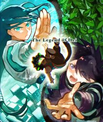 Rule 34 | 3boys, animal ears, aqua eyes, black hair, building, cat boy, cat ears, cat tail, chromatic aberration, city, copyright name, english text, fengxi (the legend of luoxiaohei), hair over one eye, isasasa001, leaf, long hair, long sleeves, low-tied long hair, luo xiaohei, luo xiaohei zhanji, male focus, multiple boys, open mouth, plant, pointy ears, purple eyes, short hair, short sleeves, slit pupils, tail, wuxian (the legend of luoxiaohei)