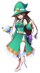 Rule 34 | 1girl, belt, blue eyes, blush, breasts, brown hair, detached sleeves, doria (p f dolia), full body, green hat, hat, highres, long hair, looking at viewer, low-tied long hair, medium breasts, original, solo, staff, standing, thighhighs, transparent background, white footwear, white thighhighs