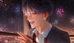 Rule 34 | 1boy, bai miii 1031, blush, ear blush, fireworks, formal, from side, hand up, highres, looking at viewer, love and deepspace, male focus, night, night sky, purple eyes, purple hair, rafayel (love and deepspace), shadow, shirt, short hair, sky, smile, solo, suit, white shirt