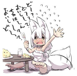 Rule 34 | 1girl, animal ear fluff, animal ears, bare legs, barefoot, blush, chibi, commentary request, eating, eyes visible through hair, flying sweatdrops, food, fox ears, fox girl, fox tail, fried rice, full body, furrowed brow, hair between eyes, hatching (texture), long hair, looking at viewer, nose blush, open mouth, original, plate, shadow, short eyebrows, simple background, sketch, solo, tail, tail wagging, thick eyebrows, translation request, u-non (annon&#039;an), wavy mouth, white background, white hair, yellow eyes