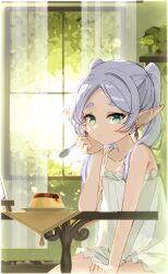 Rule 34 | 1girl, absurdres, alternate costume, blush, camisole, collarbone, curtains, elf, food, frieren, green camisole, green eyes, green theme, grey hair, highres, holding, holding spoon, indoors, looking at viewer, looking to the side, melerdon, parted bangs, plant, pointy ears, potted plant, pudding, solo, sousou no frieren, spoon, twintails, window