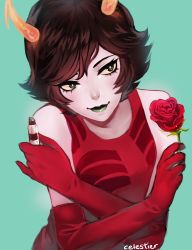 Rule 34 | 1girl, absurdres, black hair, bridal gauntlets, celestier, colored sclera, colored skin, dress, dual wielding, flower, green eyes, green lips, grey skin, highres, holding, homestuck, horns, kanaya maryam, lipstick, makeup, red dress, red flower, red rose, rose, short hair, smile, solo, weapon, yellow sclera