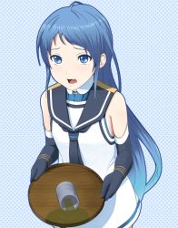 Rule 34 | 10s, 1girl, blue eyes, blue gloves, blue hair, carrying, crying, crying with eyes open, cup, elbow gloves, gloves, kantai collection, krs (karasu), long hair, matching hair/eyes, personification, ponytail, samidare (kancolle), school uniform, serafuku, smile, solo, spill, teacup, tears, tray, upper body, very long hair, yunomi