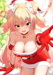 1girl :d bare_shoulders bell blonde_hair blurry blurry_background blush bokeh breasts choker christmas cleavage collarbone depth_of_field double_bun dress flower fur-trimmed_dress fur-trimmed_gloves fur_trim gloves green_eyes hair_bell hair_between_eyes hair_bun hair_flower hair_ornament hat hololive large_breasts long_hair looking_at_viewer marishia_holo momosuzu_nene multicolored_hair neck_bell open_mouth outstretched_arm pink_hair red_dress red_gloves ribbon santa_costume santa_hat smile solo teeth tongue twintails upper_teeth_only very_long_hair virtual_youtuber