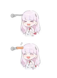 Rule 34 | &gt; &lt;, 1girl, :d, ^ ^, azur lane, blunt bangs, chibi, closed eyes, cropped torso, door handle, hair ornament, hand up, highres, long hair, meme, notice lines, ohisashiburi, open mouth, pink hair, plymouth (azur lane), shirt, smile, thumbs up, waffle handle ad (meme), white shirt