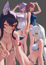 4girls ahoge all_fours alternate_costume animal_ear_fluff animal_ears aqua_eyes arm_support arm_up barefoot bikini black_hair black_ribbon blue_one-piece_swimsuit blush braid breasts brown_hair cat_ears cat_girl cleavage closed_eyes commentary_request covered_navel crossed_bangs dog_ears dog_girl double-parted_bangs extra_ears fang fox_ears fox_girl grey_background grin hair_between_eyes hair_ornament hair_over_shoulder hair_ribbon hairclip halterneck highleg highleg_one-piece_swimsuit highres hololive hololive_gamers inugami_korone knees_up large_breasts leaf_print leaning_back long_hair looking_at_viewer low_ponytail low_twin_braids maple_leaf_print medium_breasts messy_hair multicolored_hair multiple_girls navel nekomata_okayu no_tail official_alternate_costume one-piece_swimsuit one_eye_closed ookami_mio ookami_mio_(hololive_summer_2019) print_bikini purple_eyes red_hair ribbon shirakami_fubuki short_hair side_braid sidelocks simple_background sitting skin_fang smile spiked_hair standing stomach streaked_hair swimsuit tataki_worker twin_braids v virtual_youtuber white_bikini white_hair white_one-piece_swimsuit wolf_ears wolf_girl yellow_eyes