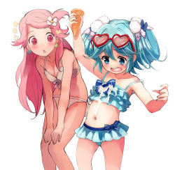 Rule 34 | 10s, 2girls, :o, age difference, arm up, bikini, blue bikini, blue eyes, blue hair, blush, bow, bow bikini, breasts, breasts squeezed together, child, cleavage, d:, earrings, eyewear on head, fantasista doll, fingernails, flat chest, flipped hair, flower, food, food on face, frilled bikini, frilled swimsuit, frills, front-tie bikini top, front-tie top, hair flower, hair ornament, hands on own knees, heart, heart-shaped eyewear, highres, ice cream, ice cream cone, jewelry, katia (fantasista doll), leaning forward, long hair, looking down, multiple girls, navel, nyama, onee-loli, open mouth, pink eyes, pink hair, shimeji (fantasista doll), side-tie bikini bottom, simple background, spill, standing, strap slip, suggestive fluid, sunglasses, swimsuit, twintails, white background, yuri