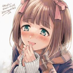 Rule 34 | 1girl, :d, amami haruka, artist name, black coat, blue eyes, blunt bangs, blush, brown hair, brown scarf, coat, enpera, eyelashes, hair ribbon, highres, idolmaster, idolmaster (classic), idolmaster million live!, idolmaster million live! theater days, looking at viewer, medium hair, nogoodlife, nose blush, open mouth, own hands together, pink ribbon, plaid, plaid scarf, ribbed sweater, ribbon, scarf, sleeves past wrists, smile, solo, sweater, white sweater, winter clothes