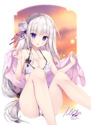 Rule 34 | 1girl, :d, bare shoulders, bikini, blush, braid, breasts, cleavage, collarbone, commentary request, crown braid, emilia (re:zero), feet out of frame, fingernails, flower, frilled bikini, frilled bikini top, frills, hair flower, hair ornament, hair ribbon, holding, knees up, large breasts, long hair, looking at viewer, low-tied long hair, mitha, open mouth, pointy ears, purple eyes, purple ribbon, re:zero kara hajimeru isekai seikatsu, ribbon, signature, silver hair, sitting, smile, solo, swimsuit, very long hair, white bikini, white flower, x hair ornament