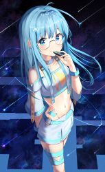 Rule 34 | 1girl, ahoge, bare shoulders, belt, blue eyes, blue hair, breasts, choker, crop top, glasses, grey shirt, groin, hair ornament, highres, holding, huion, long hair, long sleeves, looking at viewer, midriff, miniskirt, multicolored hair, navel, off-shoulder shirt, off shoulder, rimless eyewear, ruda (ruda e), shirt, sidelocks, skirt, small breasts, smile, solo, standing, stomach, stomach tattoo, streaked hair, stylus, tattoo, thigh strap, white choker, white skirt