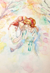 Rule 34 | 1boy, 1girl, bare tree, bishoujo senshi sailor moon, branch, brown hair, covering own mouth, dress, graphite (medium), hair ribbon, hands on another&#039;s shoulders, high ponytail, highres, jewelry, kino makoto, laughing, long hair, nephrite (sailor moon), painting (medium), red ribbon, ribbon, ring, shirt, short sleeves, sleeves rolled up, traditional media, tree, watercolor (medium), white dress, white shirt, ye xiao