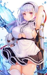 Rule 34 | 1girl, arm up, armpits, azur lane, bare shoulders, black skirt, blurry, breasts, character doll, clothing cutout, cowboy shot, depth of field, dido (azur lane), dress, frilled dress, frills, hairband, highres, holding, large breasts, long hair, looking at viewer, pink eyes, reel (riru), sideboob, silver hair, skirt, solo, sword, thighhighs, underboob cutout, water, weapon, white dress, white thighhighs, zettai ryouiki