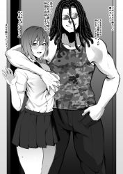 Rule 34 | 1boy, 1girl, absurdres, anezaki mamori, arm over shoulder, asakura kukuri, bare shoulders, blush, grabbing another&#039;s breast, breath, bulge, camouflage, collarbone, deep skin, door, dreadlocks, erection, erection under clothes, eyeshield 21, grabbing, greyscale, groping, hair between eyes, hand in pocket, hand on another&#039;s chest, highres, kongo agon, long hair, looking at viewer, monochrome, muscular, muscular male, netorare, open mouth, pussy juice, shirt tucked in, skirt, smile, sunglasses, sweat, teeth, translation request, waving