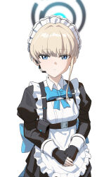 Rule 34 | 1girl, absurdres, apron, black dress, black gloves, blonde hair, blue archive, blue bow, blue eyes, bow, dress, earpiece, fingerless gloves, gloves, halo, highres, long hair, long sleeves, looking at viewer, maid, maid apron, maid headdress, q haoyu, simple background, solo, standing, toki (blue archive), white background
