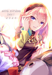 Rule 34 | 1girl, arm warmers, armband, belt, black shirt, bloom, blue eyes, blurry, blurry background, bouquet, commentary, fish, flower, gold trim, grin, hand in own hair, happy birthday, harusamesyota, headband, highres, long hair, megurine luka, pink flower, pink hair, shirt, short sleeves, smile, solo, tuna, vocaloid, yellow sleeves