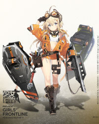Rule 34 | 1girl, anti-personnel mine, anti-personnel weapon, automatic shotgun, ballistic shield, black gloves, blonde hair, blow-forward firearm, blue eyes, boots, breasts, brown footwear, bullpup, cassette magazine, character name, closed mouth, combat shotgun, copyright name, crop top, cylinder, cylinder (weapon), english text, explosive, eyewear on head, floor, full body, gas-seal revolver, gears, girls&#039; frontline, gloves, goggles, goggles on head, gun, hair ornament, hairclip, hand in own hair, highres, holding, holding gun, holding weapon, jacket, lightning holes, long hair, looking at viewer, mine (weapon), mk3a1 (girls&#039; frontline), namyo, navel, official art, open clothes, open jacket, orange jacket, orange shorts, orange socks, pancor corporation, pancor jackhammer, pancor jackhammer mk3a1, promotional art, prototype design, revolver shotgun, safety glasses, screwdriver, shield, shield module, shorts, shotgun, simple background, small breasts, socks, solo, standing, tool belt, tools, weapon, wrench