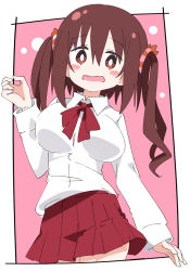Rule 34 | 1girl, arm up, blush stickers, bow, bowtie, breasts, bright pupils, brown eyes, brown hair, collared shirt, commentary, cowboy shot, ebina nana, embarrassed, hair between eyes, hair ornament, himouto! umaru-chan, ixy, large breasts, long hair, long sleeves, looking at viewer, open mouth, pleated skirt, red bow, red bowtie, red skirt, shirt, sidelocks, skirt, solo, twintails, wavy mouth, white pupils, white shirt