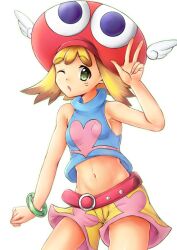 Rule 34 | 1girl, ;o, amitie (puyopuyo), armpits, bad id, bad pixiv id, bare shoulders, belt, blonde hair, bracelet, breasts, cowboy shot, crop top, hat, heart, highres, jewelry, looking at viewer, midriff, navel, one eye closed, puyo (puyopuyo), puyopuyo, puyopuyo fever, sega, short hair, shorts, small breasts, solo, w, wink, yui (msy1302mana)