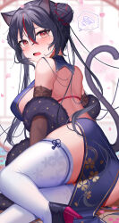 Rule 34 | 1girl, absurdres, amahara subaru, animal ears, bare shoulders, black hair, blush, breasts, cat ears, cat girl, cat tail, commentary request, double bun, falling petals, feather boa, from behind, hair bun, high heels, highres, large breasts, long hair, looking at viewer, looking back, multicolored hair, open mouth, original, petals, red eyes, red hair, solo, streaked hair, tail, tearing up, thighhighs, thighs, white thighhighs