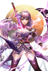 Rule 34 | 1girl, alice jing, arm up, armor, artist name, braid, breasts, bridal gauntlets, cleavage, closed mouth, coattails, commentary, electricity, english commentary, flower, genshin impact, hair ornament, highres, holding, holding sword, holding weapon, human scabbard, japanese clothes, katana, kimono, large breasts, light particles, long hair, long sleeves, looking at viewer, mitsudomoe (shape), mole, mole under eye, obi, obiage, obijime, purple eyes, purple flower, purple hair, raiden shogun, ribbon, sash, shoulder armor, simple background, solo, sword, tassel, thighhighs, tomoe (symbol), weapon, white background, wide sleeves