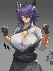 Rule 34 | 1girl, black gloves, breasts, buttons, checkered clothes, checkered necktie, checkered neckwear, cleavage, clenched hands, closed mouth, collarbone, collared shirt, commentary, eu03, eyepatch, gloves, grey background, hair between eyes, hands up, headgear, huge breasts, jacket, kantai collection, looking at viewer, loose necktie, necktie, open clothes, open jacket, partially fingerless gloves, purple hair, remodel (kantai collection), school uniform, shirt, short hair, skirt, sleeves rolled up, smile, solo, standing, sweatdrop, taut clothes, taut shirt, tenryuu (kancolle), unbuttoned, unbuttoned shirt, white shirt, yellow eyes