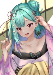 Rule 34 | 1girl, absurdres, blush, butterfly hair ornament, green hair, green nails, hair bun, hair ornament, highres, hololive, japanese clothes, kimono, long hair, looking at viewer, menmen (menmen13s), nail polish, official alternate costume, open mouth, pink kimono, red eyes, single hair bun, smile, solo, uruha rushia, uruha rushia (new year), virtual youtuber