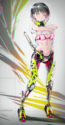 Rule 34 | 1girl, afukuro, bikini, black hair, bored, breasts, chromatic aberration, clothes lift, copyright request, earrings, exhaust pipe, full body, gradient background, gradient hair, green eyes, grey background, headphones, headphones around neck, highres, jewelry, mecha, mechanical parts, medium breasts, multicolored hair, navel, pink bikini, robot, serious, shirt lift, shoes, simple background, sneakers, swimsuit, teasing, undressing