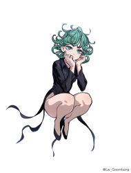 Rule 34 | artist name, black dress, breasts, collared dress, curly hair, dress, flipped hair, floating, full body, green eyes, green hair, highres, long sleeves, lw goombang, one-punch man, psychic, shoes, short hair, side slit, small breasts, tatsumaki, telekinesis, thighs, white background