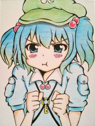 Rule 34 | 1girl, :t, bad id, bad pixiv id, blue eyes, blue hair, blush stickers, clenched hands, colored pencil (medium), grey background, hair bobbles, hair ornament, hat, highres, holding breath, kawashiro nitori, key, looking at viewer, matching hair/eyes, meme-tan (bana nan26), millipen (medium), pout, short hair, short sleeves, simple background, solo, touhou, traditional media, twintails, two side up, upper body