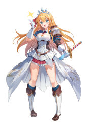 Rule 34 | 1girl, :d, absurdres, blue eyes, breasts, brown footwear, cleavage, full body, gloves, highres, holding, holding sword, holding weapon, long hair, looking at viewer, medium breasts, open mouth, orange hair, pecorine (princess connect!), princess connect!, senkou noah, shoes, simple background, smile, solo, standing, sword, thighs, tiara, weapon, white background, white gloves