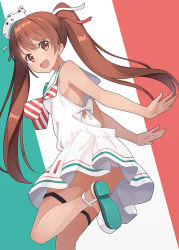 Rule 34 | 10s, 1girl, :d, brown eyes, brown hair, dark-skinned female, dark skin, dress, fang, hyuuga azuri, italian flag, italy, kantai collection, leg up, libeccio (kancolle), long hair, open mouth, panties, pantyshot, ribbon, sailor dress, smile, solo, striped background, striped clothes, striped panties, twintails, underwear