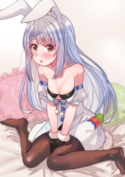Rule 34 | 1girl, :o, absurdres, alternate hairstyle, animal ear fluff, animal ears, bare shoulders, bed, bed sheet, black gloves, black pantyhose, blue hair, blush, breasts, carrot, cleavage, detached sleeves, gloves, highres, hololive, leotard, long hair, looking at viewer, medium breasts, multicolored hair, open mouth, orange eyes, pantyhose, pillow, playboy bunny, puffy detached sleeves, puffy sleeves, rabbit ears, rabbit girl, seiza, sitting, solo, thick eyebrows, tonarikeru, two-tone hair, usada pekora, usada pekora (1st costume), v arms, virtual youtuber, white background, white hair