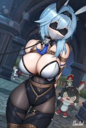 Rule 34 | 1girl, absurdres, adapted costume, animal ears, arms behind back, bare shoulders, baron bunny (genshin impact), bdsm, black footwear, black hairband, black leotard, blindfold, blue hair, blue necktie, bondage, boots, bound, bound arms, breasts, brown thighhighs, building, cleavage, collar, covered eyes, cowboy shot, detached collar, eula (genshin impact), fake animal ears, gag, gagged, genshin impact, gluteal fold, hairband, heavy breathing, highres, humiliation, improvised gag, large breasts, leash, leotard, long hair, necktie, o o, outdoors, pantyhose, playboy bunny, plusout, rabbit ears, shibari, shibari over clothes, solo focus, strapless, strapless leotard, tape, tape gag, taped hands, thigh boots, thigh gap, thighhighs, v-shaped eyebrows, variant set, white leotard